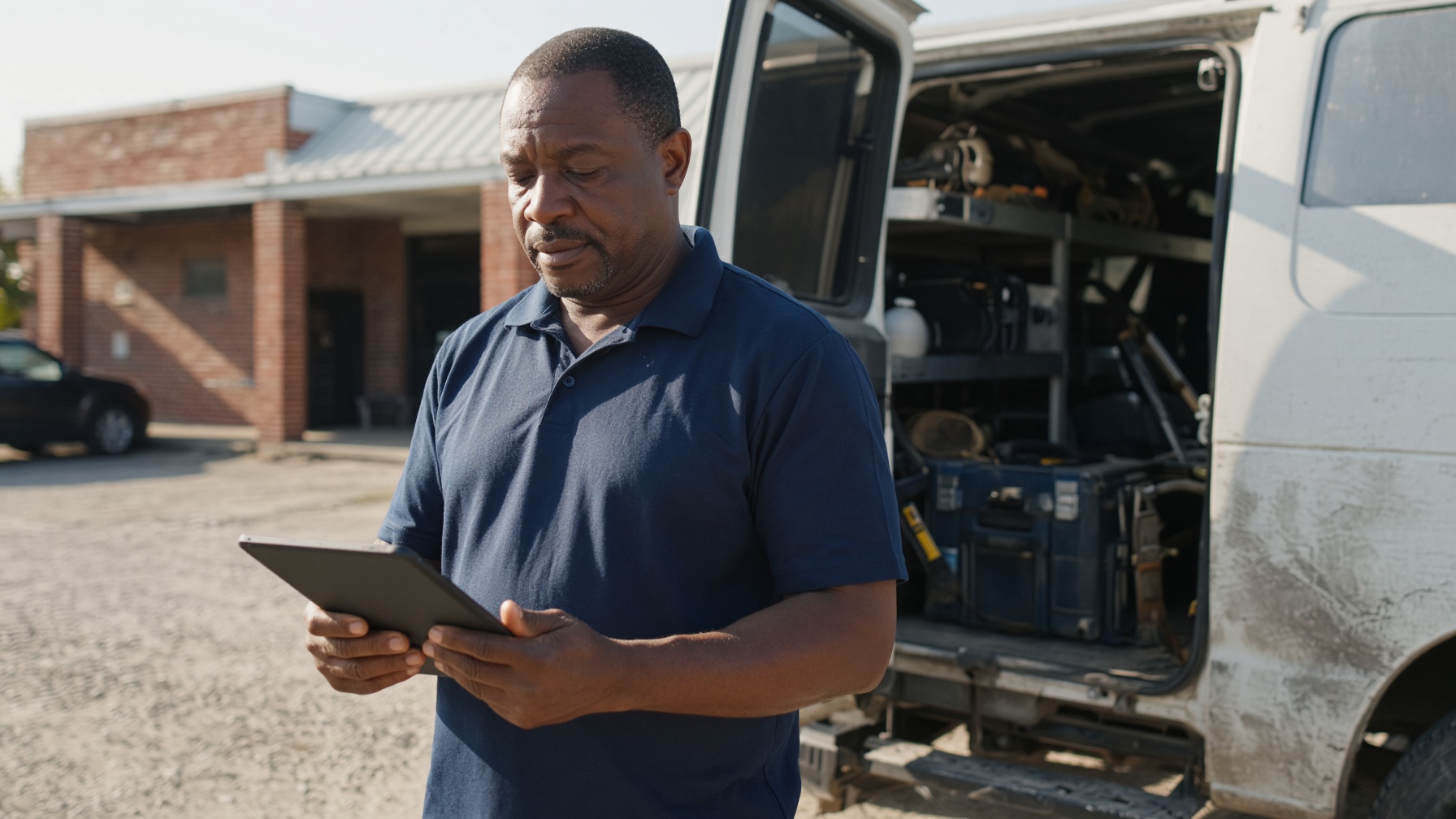 A shop owner beside a service van reviewing jobs on a tablet